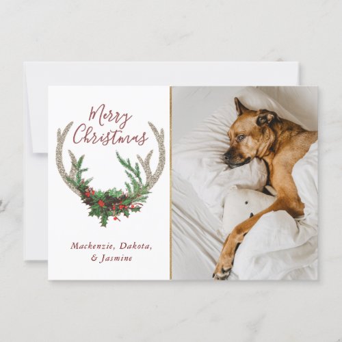 Boho Deer Antlers  Rustic Christmas Floral Photo Holiday Card