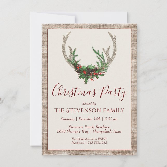 Boho Deer Antlers | Rustic Floral Christmas Party Holiday Card (Front)