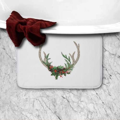 Boho Deer Antlers  Rustic Red Christmas Floral Bath Mat