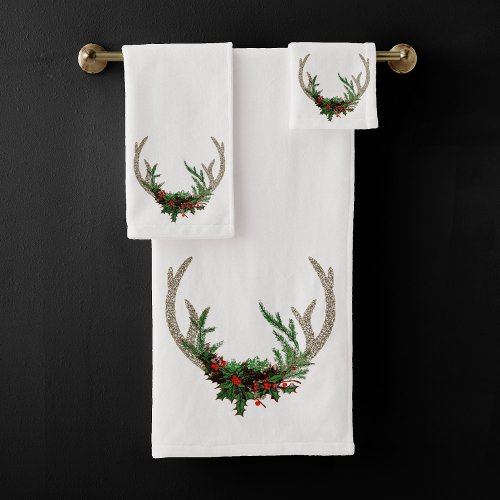 Boho Deer Antlers  Rustic Red Christmas Floral Bath Towel Set