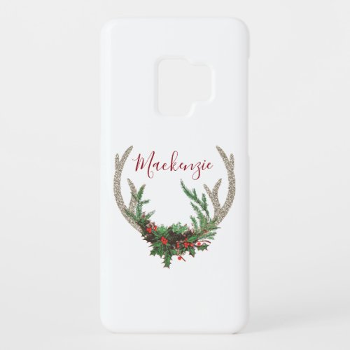 Boho Deer Antlers  Rustic Red Christmas Floral Case_Mate Samsung Galaxy S9 Case