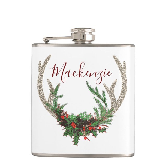 Boho Deer Antlers | Rustic Red Christmas Floral Flask (Front)