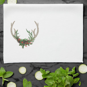 Boho Deer Antlers Rustic Red Christmas Floral Kitchen Towel