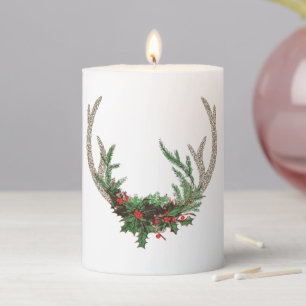 Boho Deer Antlers   Rustic Red Christmas Floral Pillar Candle