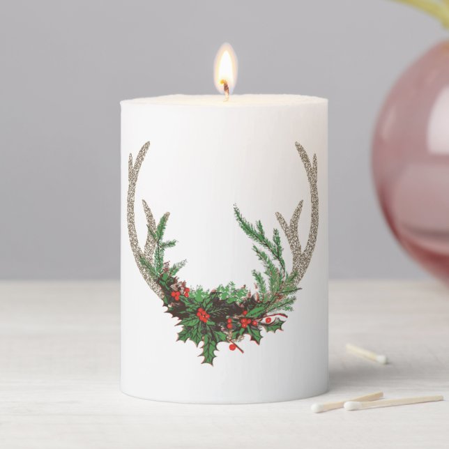 Boho Deer Antlers | Rustic Red Christmas Floral Pillar Candle (In Situ)