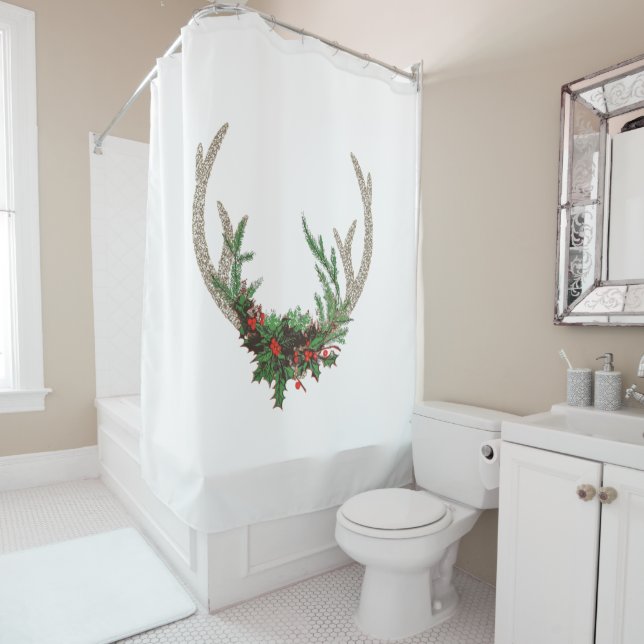 Boho Deer Antlers | Rustic Red Christmas Floral Shower Curtain (In Situ)
