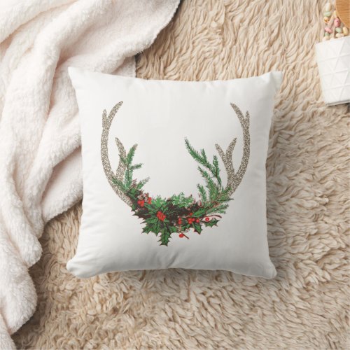 Boho Deer Antlers  Rustic Red Christmas Floral Throw Pillow