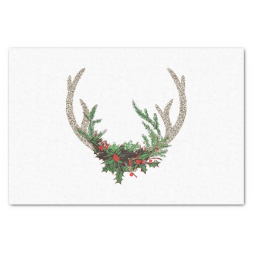 Boho Deer Antlers  Rustic Red Christmas Floral Tissue Paper