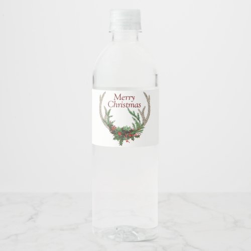 Boho Deer Antlers  Rustic Red Christmas Floral Water Bottle Label