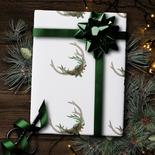 Boho Deer Antlers | Rustic Red Christmas Floral Wrapping Paper (Creator Uploaded)