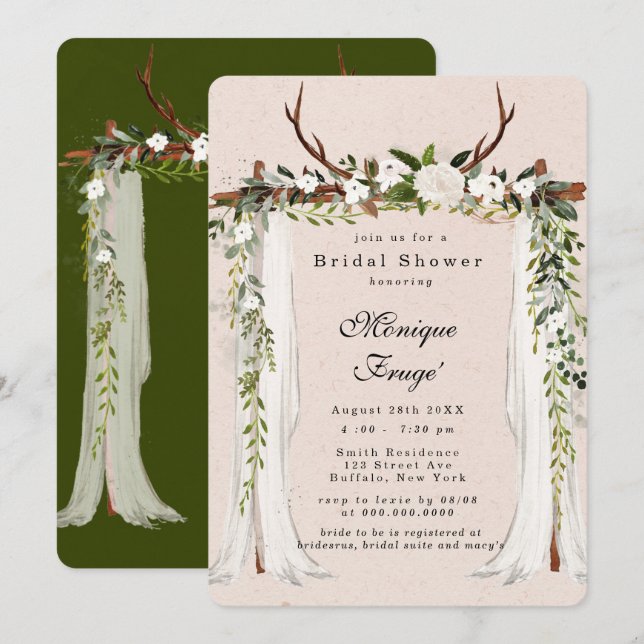 Boho Deer Antlers White Canopy Chic Bridal Shower Invitation (Front/Back)