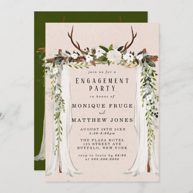 Boho Deer Antlers White Canopy Engagement Party Invitation (Front/Back)
