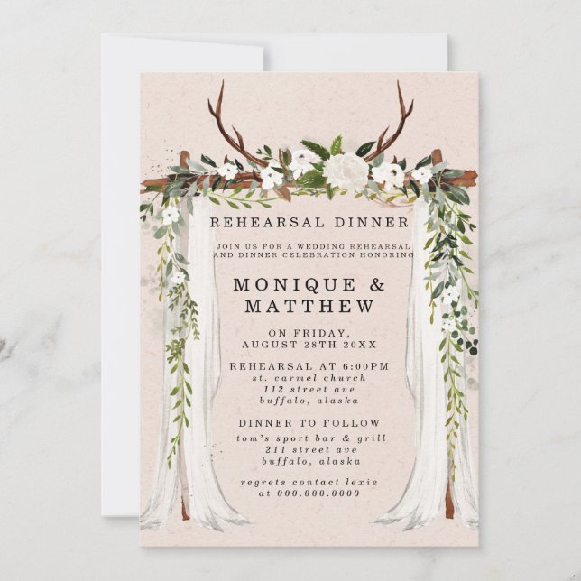 Boho Deer Antlers White Canopy Rehearsal Dinner Invitation (Front)