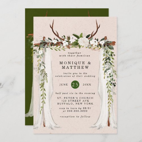 Boho Deer Antlers White Canopy Rustic Wedding Invitation