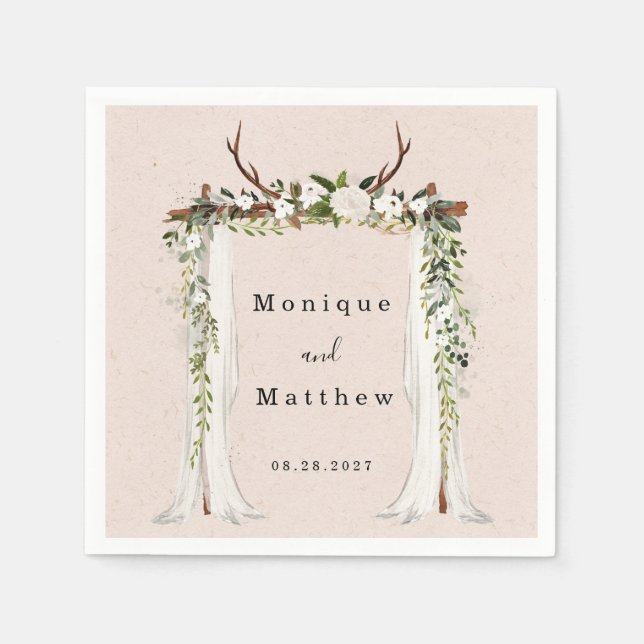 Boho Deer Antlers White Canopy Rustic Wedding Napkins (Front)
