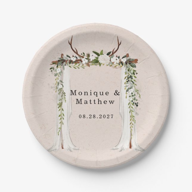 Boho Deer Antlers White Canopy Rustic Wedding Paper Plates (Front)