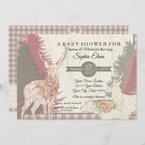 Boho Deer Bear Woodland Forest Plaid Baby Shower Invitation