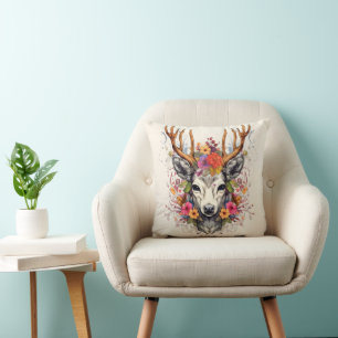 Boho Deer Colorful Flowers Throw Pillow