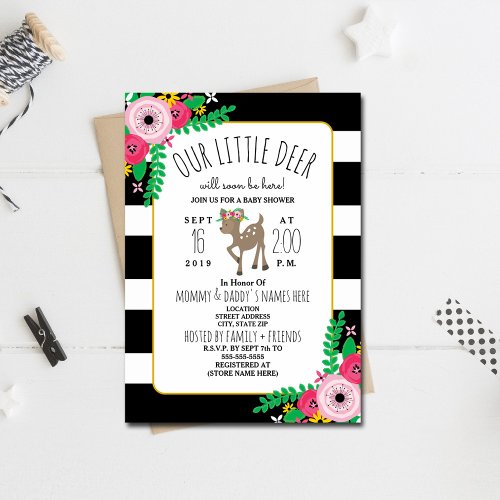 Boho Deer Floral Striped Baby Shower Invitation