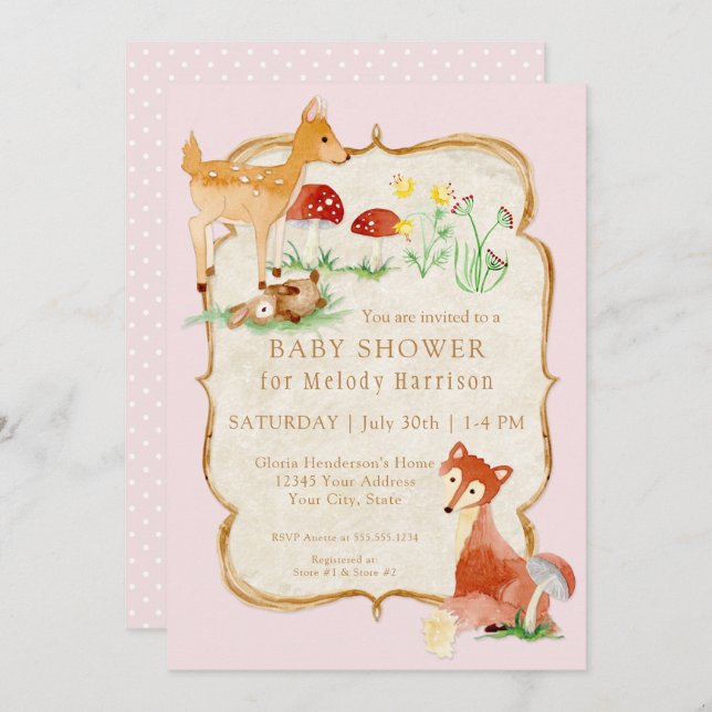 BOHO Deer Fox Owl Forest Pink Girl Baby Shower Invitation (Front/Back)