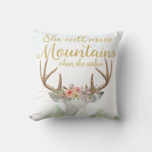 Boho Deer Move Mountains Baby Girl Nursery Pillow