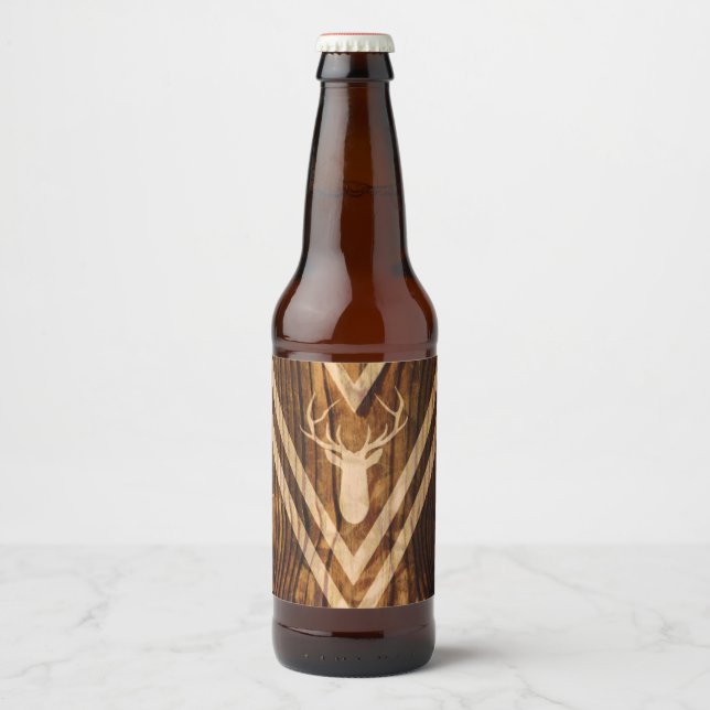 Boho deer on rustic wood beer bottle label (Front)