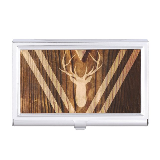 Boho deer on rustic wood business card holder (Front)