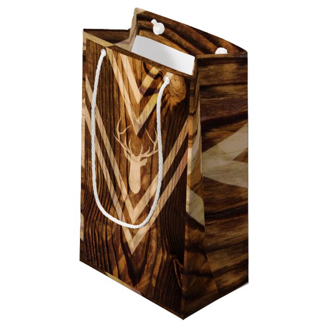 Boho deer on rustic wood small gift bag (Front Angled)