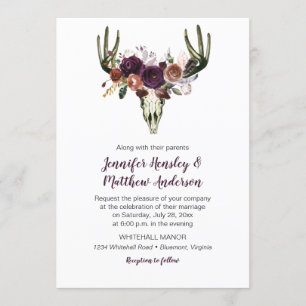 Boho Deer Skull Dark Purple Floral Bouquet Wedding Invitation