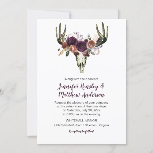 Boho Deer Skull Dark Purple Floral Bouquet Wedding Invitation