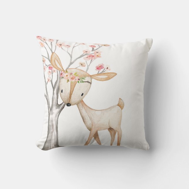 Boho Deer Woodland Floral Baby Nursery Pillow (Front)