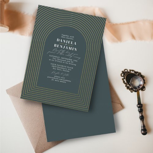 Boho Delicate Dark Green Wedding Arch Foil Invitation