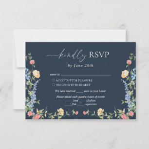 Boho Delicate Wildflower Navy Wedding RSVP Card