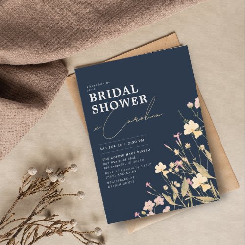 Boho Delicate Wildflowers Navy Bridal Shower Invitation
