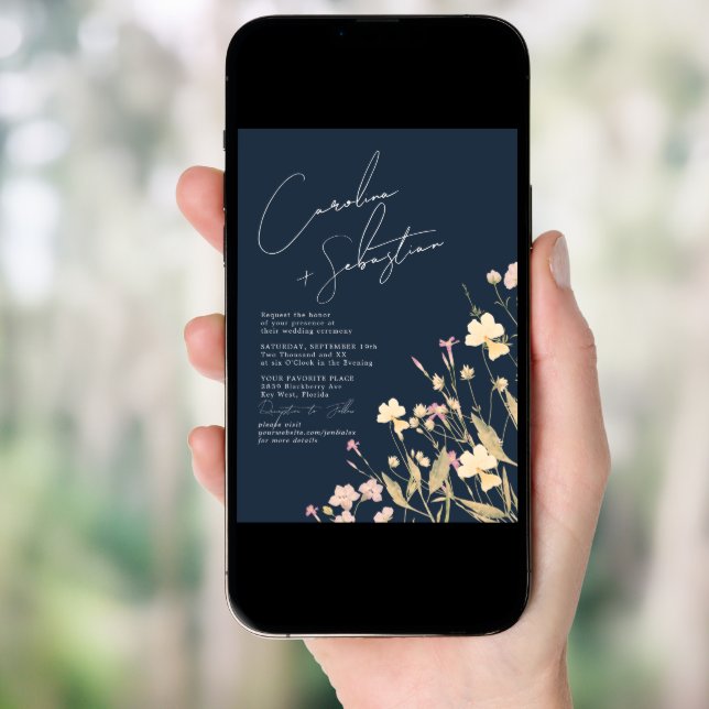 Boho Delicate Wildflowers Navy Wedding  Invitation (Front Digital)