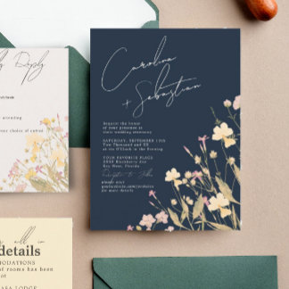 Boho Delicate Wildflowers Navy Wedding  Invitation