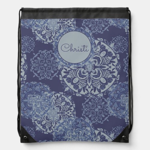 Boho Denim Moody Blues Mandalas Drawstring Bag