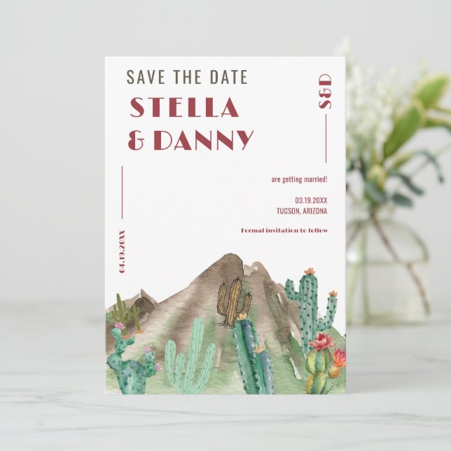 Boho Desert Cactus Arizona Destination wedding Save The Date (Standing Front)