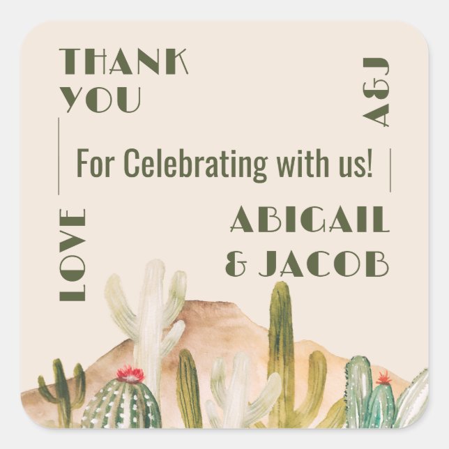Boho Desert Cactus Arizona Destination Wedding Square Sticker (Front)