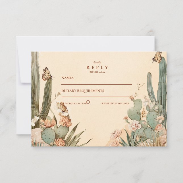 Boho Desert Cactus Floral Wedding RSVP Card (Front)