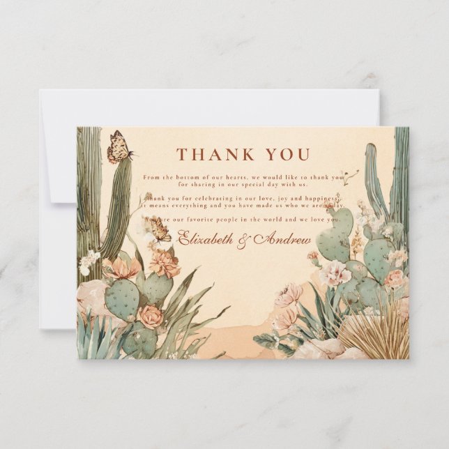 Boho Desert Cactus Floral Wedding Thank You Card (Front)