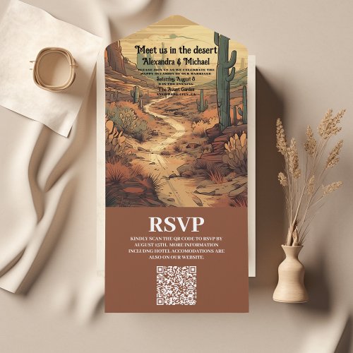 Boho Desert Cactus Illustrated Wedding QR Code All In One Invitation