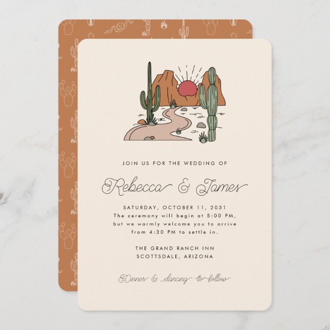 Boho Desert Cactus Modern Script Wedding Invitation (Front/Back)