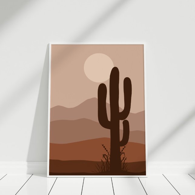 Boho Desert Cactus Moon Landscape Wall Art Print (Boho Night Desert Cactus Full Moon Wall Art in white frame)