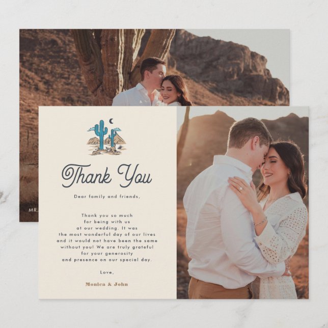 Boho Desert Cactus Retro Arizona 2 Photo Wedding Thank You Card (Front/Back)