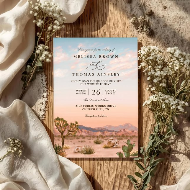 Boho Desert Cactus Rustic Elegant QR Code Wedding Invitation (Creator Uploaded)