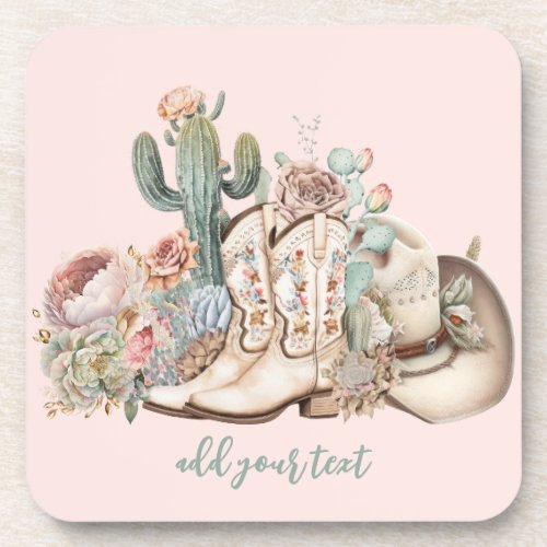 Boho desert cowgirl cowboy boots cowboy hat beverage coaster