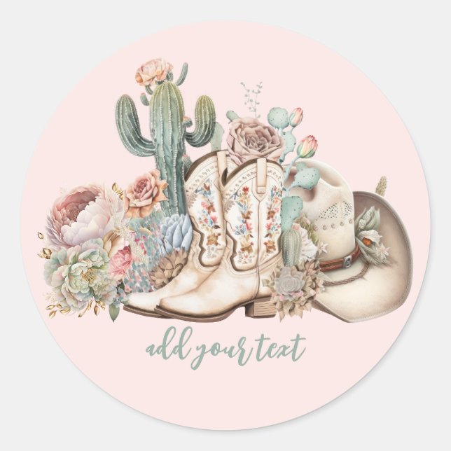 Boho desert cowgirl cowboy boots cowboy hat classic round sticker (Front)