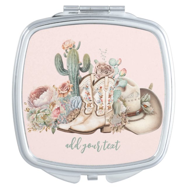 Boho desert cowgirl cowboy boots cowboy hat compact mirror (Front)