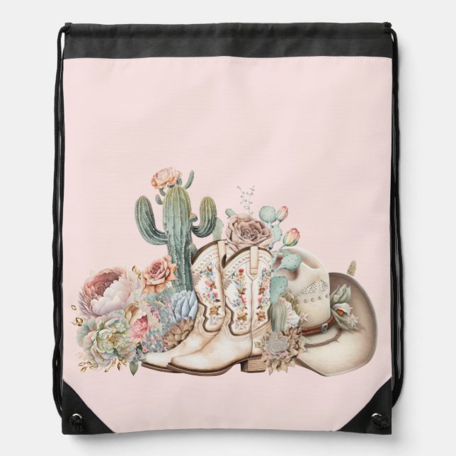 Boho desert cowgirl cowboy boots cowboy hat drawstring bag (Front)